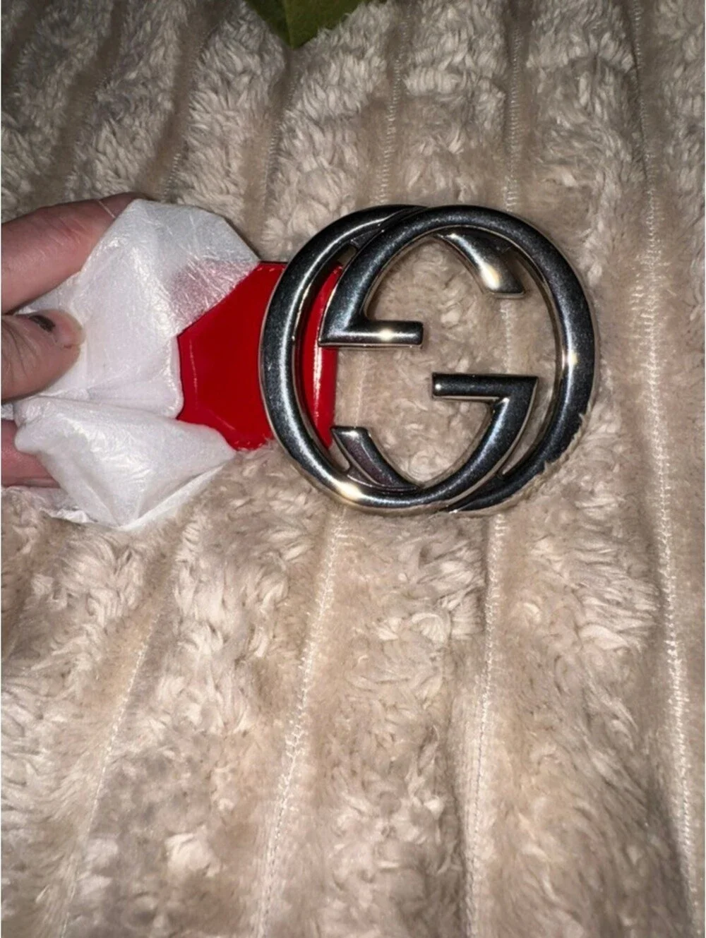 NIB Gucci Red interlocking silver tone double G patent leather belt; size 90
